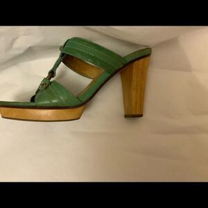 Frye Leather Platform Sandals Heels SZ 7.5 Green Brown Logo Open Toe
